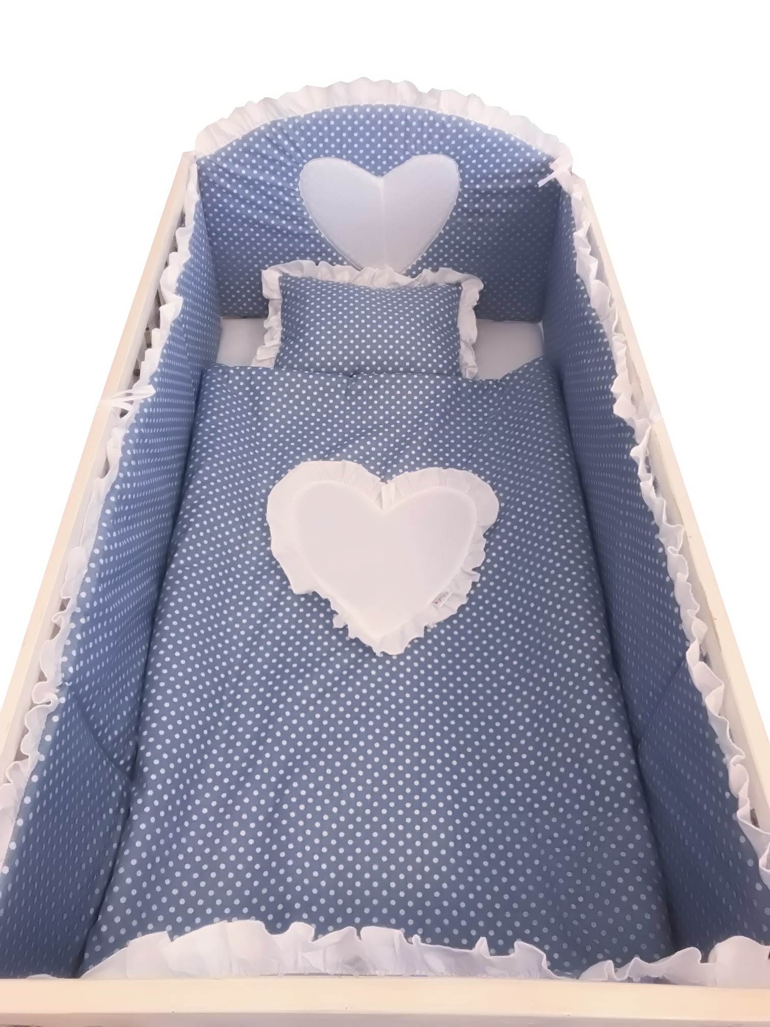 Lenjerie de pat bebelusi cu aparatori laterale Deseda Te iubesc puisor 140x70 cm albastru cu alb