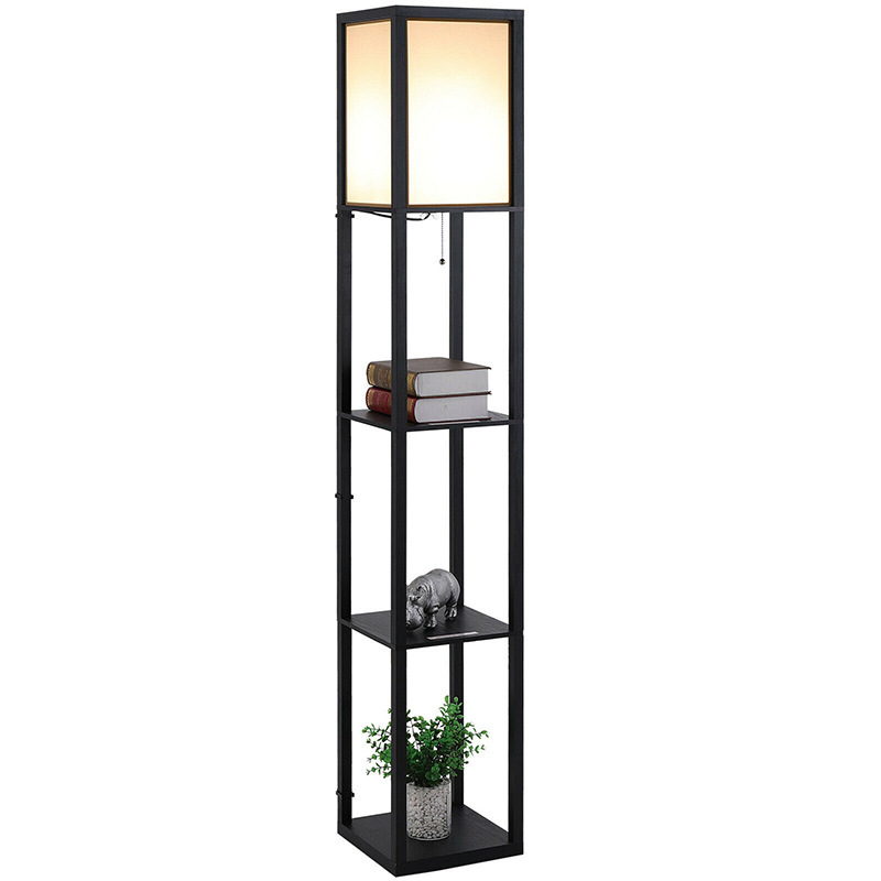 Lampa de podea din metal cu 3 polite integrate, lumina calda, rece si neutra, design modern, 160x26 cm, 40W, lemn negru, buz