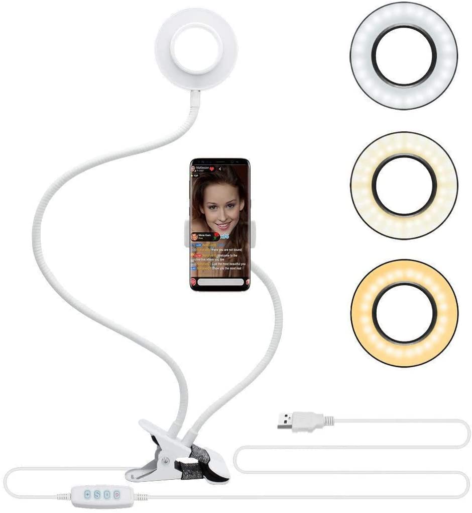 Suport selfie flexibil Universal pentru telefon cu lumini LED si clama de prindere,ring light cu 3 moduri de iluminare, culoare alb
