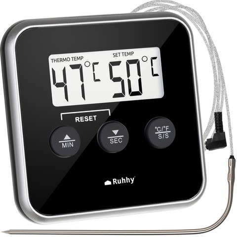 Termometru alimentar cu sonda, digital, pentru carne, 0- 300 g, alerta temperatura, 3 butoane de control, Negru