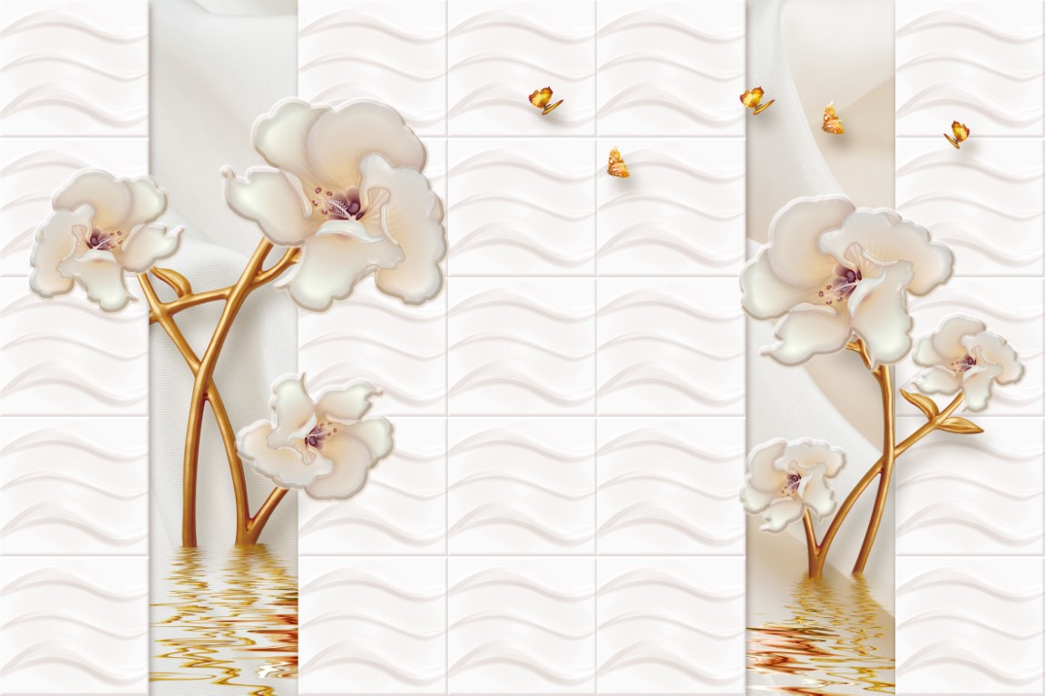 Fototapet de perete autoadeziv si lavabil Flori albe de marmura, abstract, 220 x 135 cm