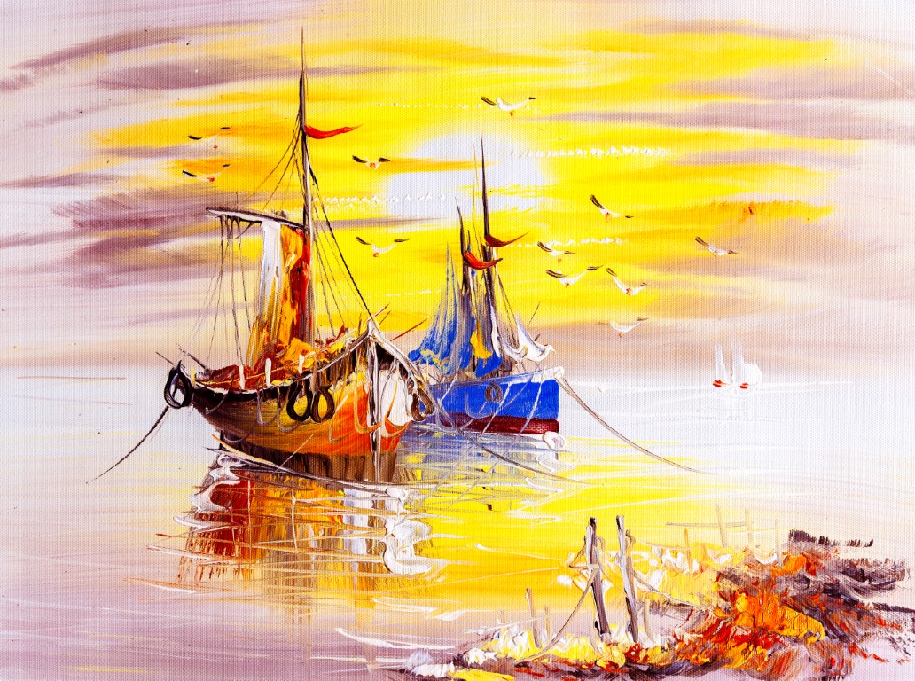 Tablou canvas Barci, apus de soare, pictura, 105 x 70 cm