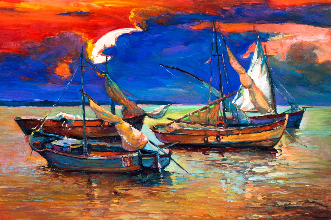 Tablou canvas Barci pescaresti, pictura, apus de soare, 105 x 70 cm