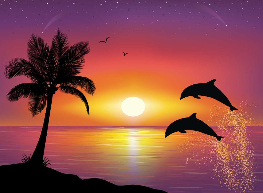 Tablou canvas Delfini, palmier, apus de soare, 105 x 70 cm