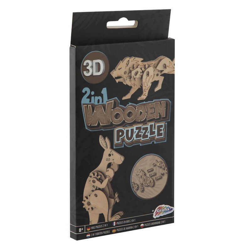 Set 2 puzzle 3D din lemn - cangur si leu