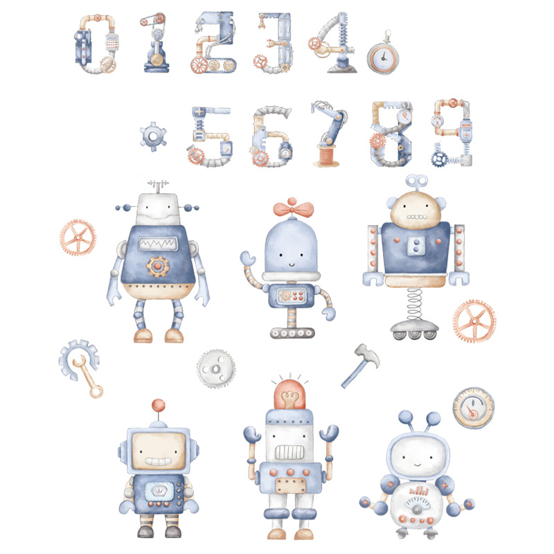 Sticker Autocolant Perete Copii, Roboti si Cifre, 85x100 cm