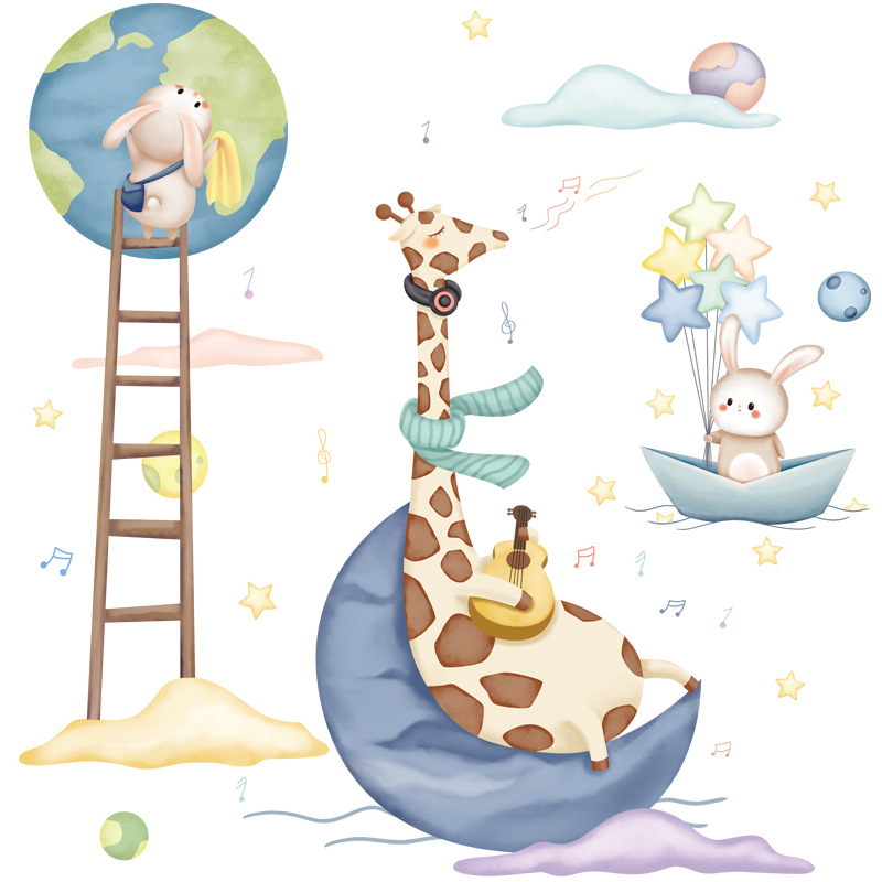 Sticker Autocolant Perete Copii, Girafa cu chitara si Iepurasi, 90x90 cm, Aida HER®