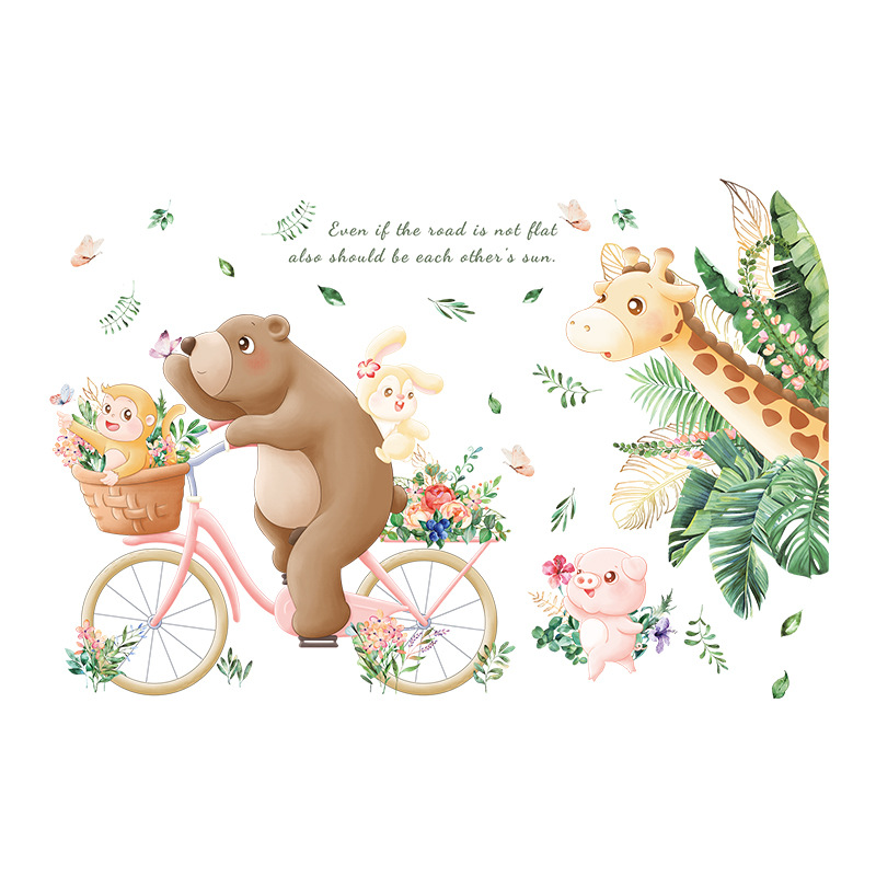 Sticker Autocolant Perete Copii, Urs pe Bicicleta, Iepuras, Maimuta, Porc, Girafa, 70x100 cm, Aida HER®