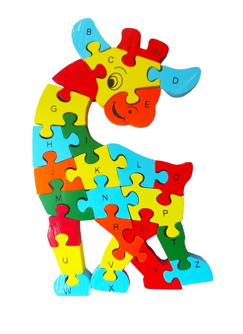 Puzzle 3D din lemn pentru copii cu Alfabet si Cifre, Girafa, 26 piese, 29 cm, 18008SX