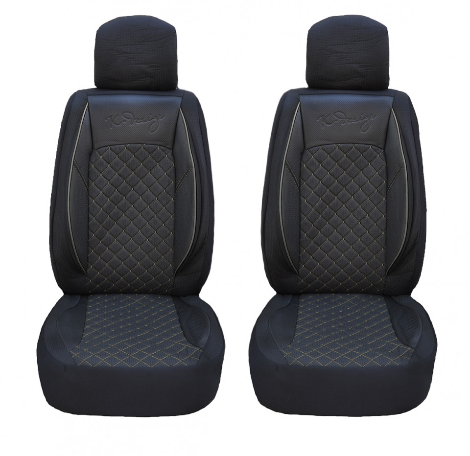 Set huse scaune auto universale, piele ecologica neagra cu material textil negru si cusaturi gri, fata-spate