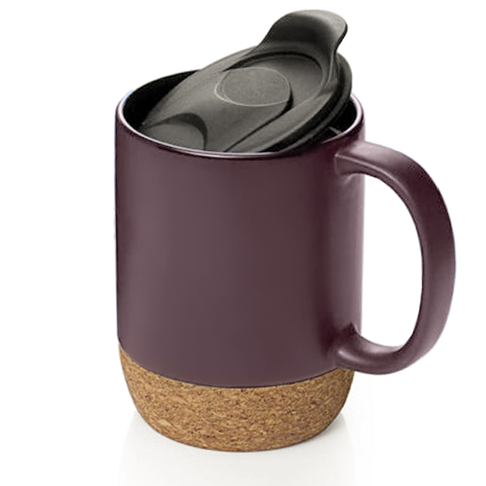 Cana cafea/ceai, Quasar & Co.®, pretabila voiaj/calatorie, cu capac to go, baza de pluta, ceramica, 400 ml, visiniu