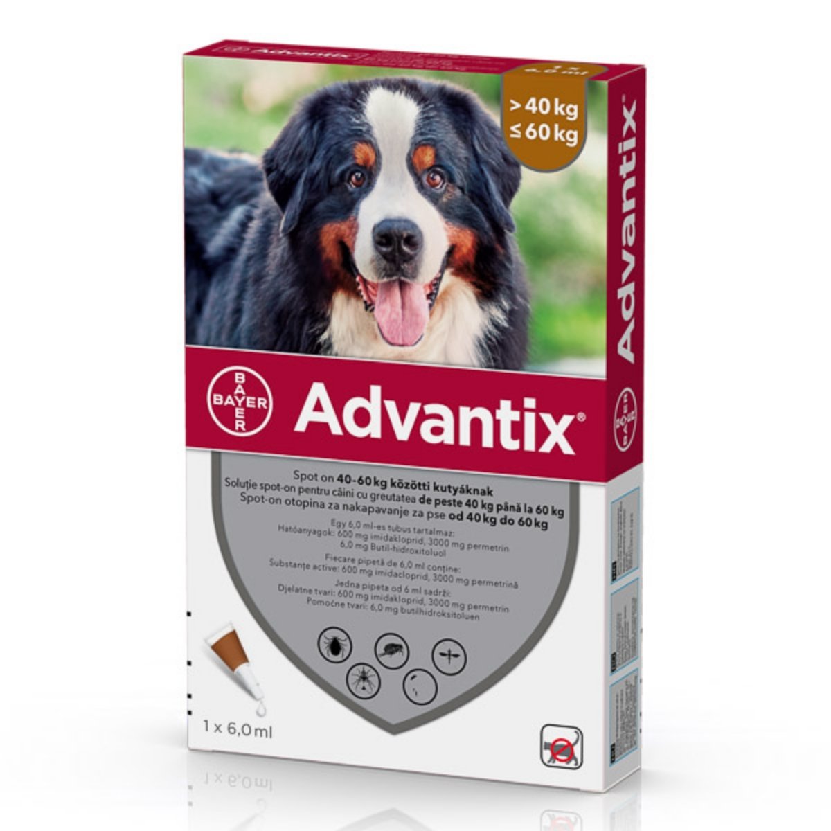 Pipetă Repelentă Deparazitare Externă Câini, ADVANTIX 600, XL(40 – 60kg), 4 Săpt. X 1buc