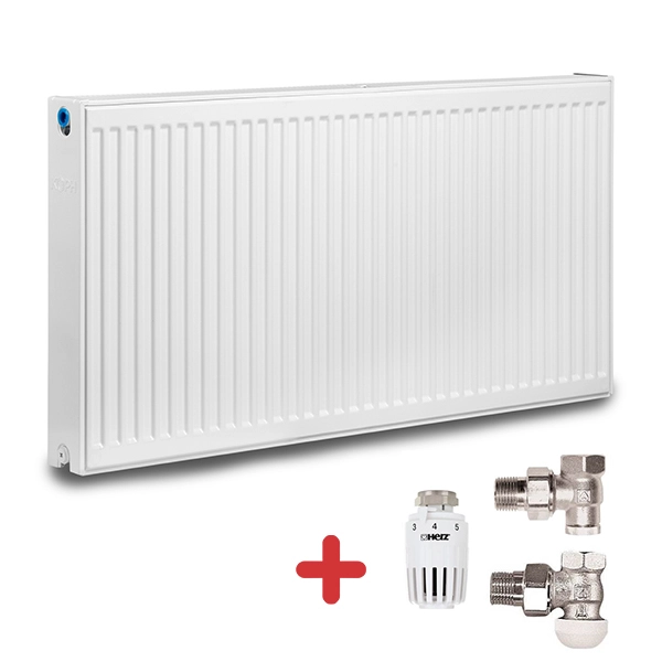 Pachet calorifer (radiator) din otel KOPH, tip 22, 300×1000 mm, 984W + Cap termostatic si 2 robineti tur-retur Herz (calorifer)