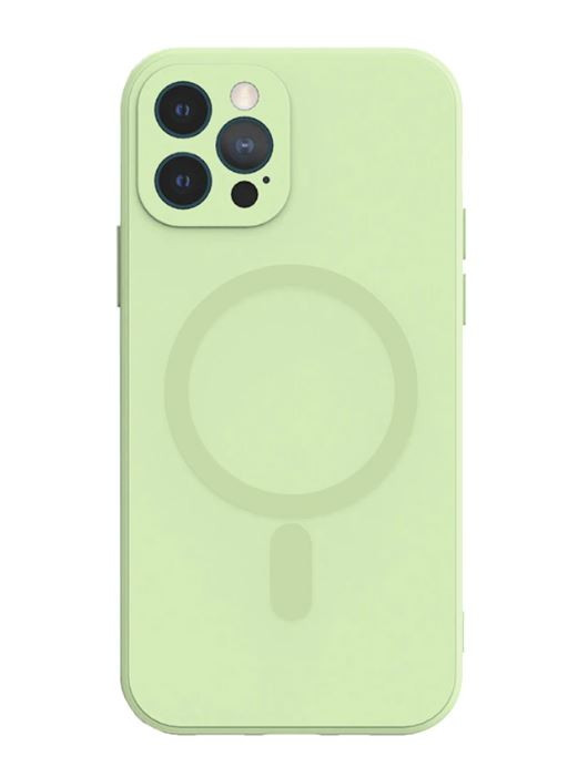 Husa iPhone 12 din silicon cu MagSafe, silk touch, interior din catifea cu decupaje pentru camere, Menta
