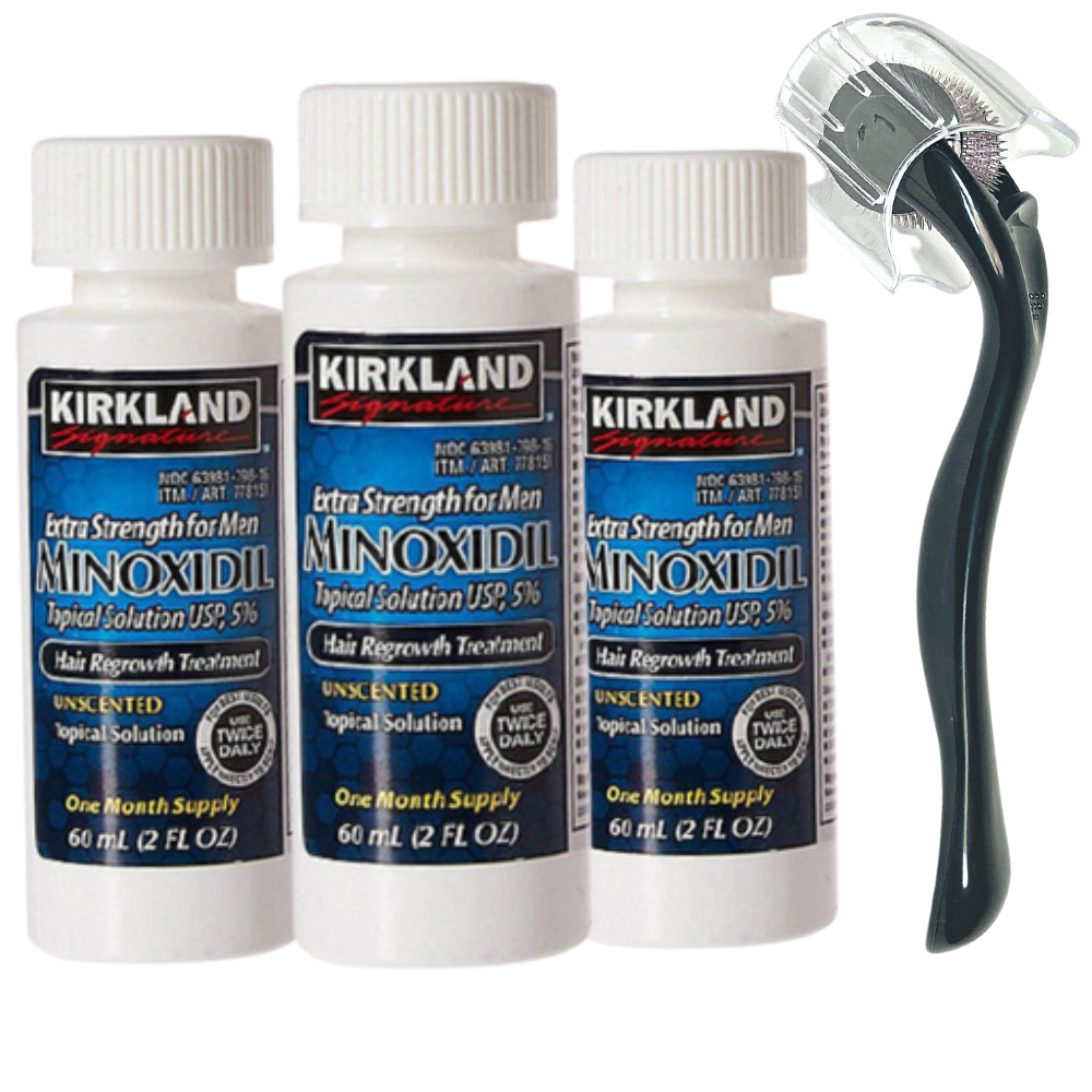 Minoxidil Kirkland 5%, 1 Luna Aplicare, Dermaroller Cu Capac Protector, Tratament Pentru Barba / Scalp