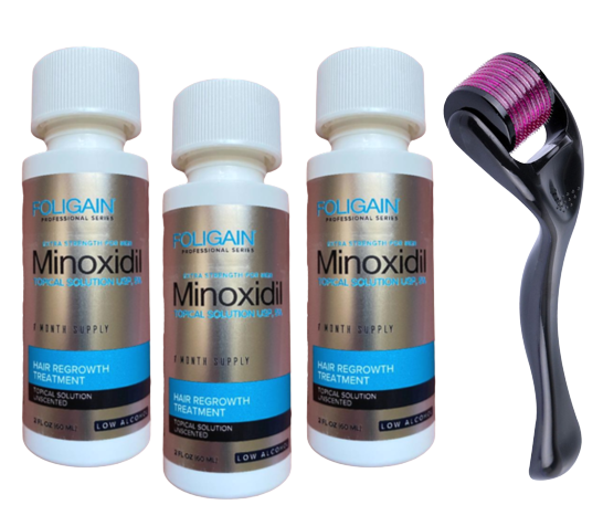 Minoxidil Foligain 5%, 3 Luni Aplicare, Cantitate de Alcool redusa +Dermaroller, Tratament Pentru Barba / Scalp