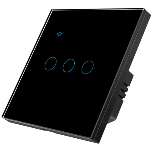 Intrerupator smart touch iUni 3F, Wi-Fi, Sticla securizata, LED, Black