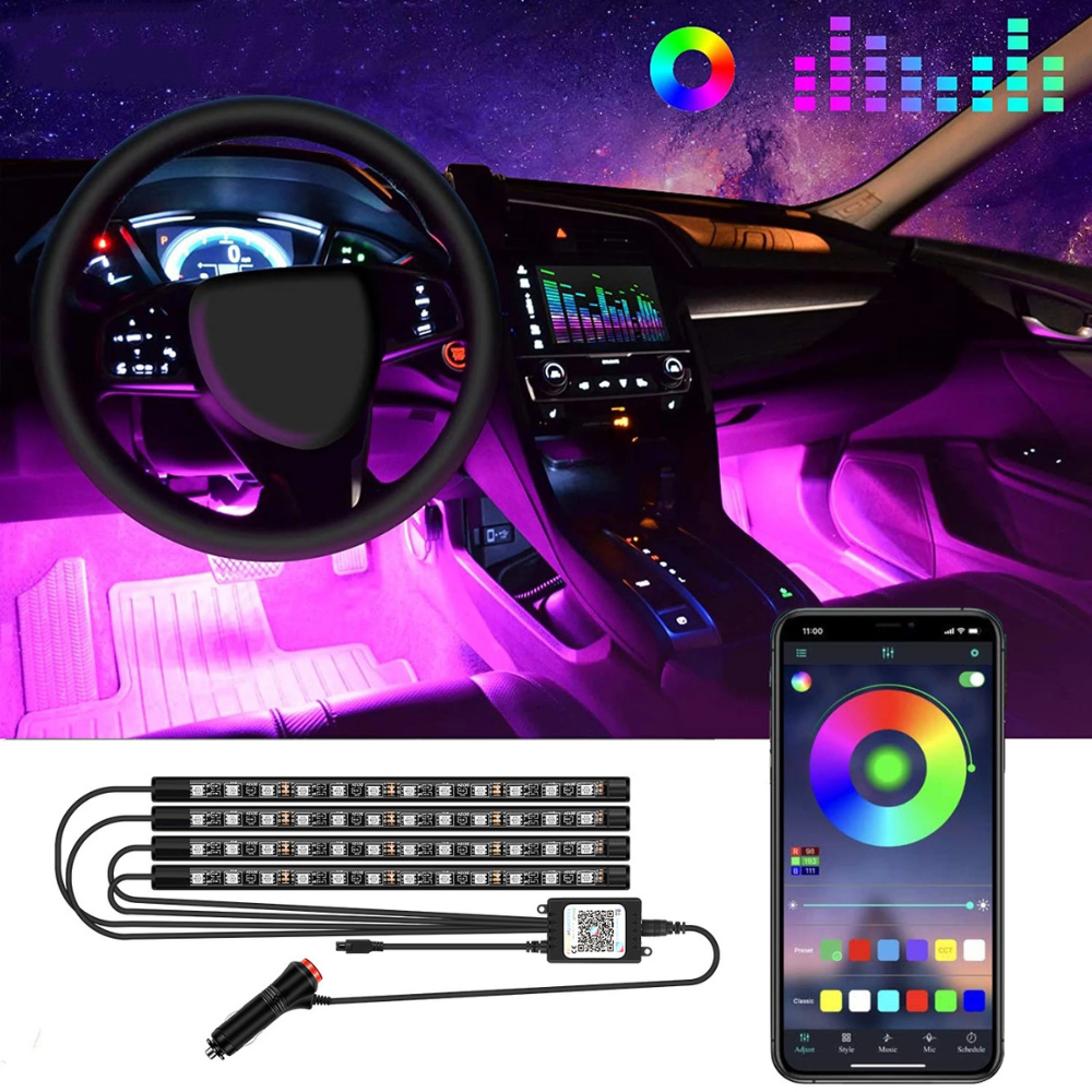 Kit Banda LED RGB pentru Masina Vittalist, Control din Telefon prin Aplicatie, Schimbare Culori Pe Muzica, Mod Control Vocal, Cablu USB, Exterior IP65,72 de LED-uri, 4 benzi de 32 centimetri