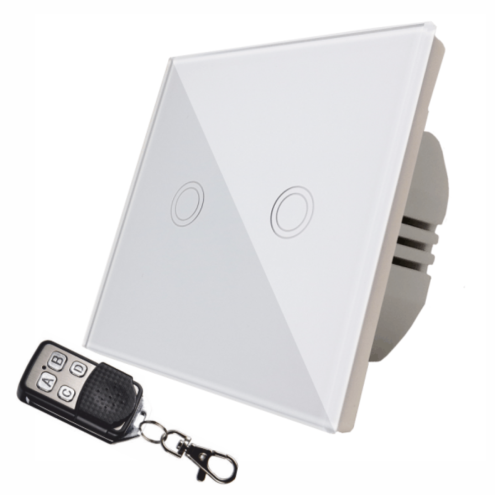 Intrerupator Touch Inteligent Alb, dublu, cu telecomanda RF, sticla securizata, Instalare Usoara, Control Fiabil al Iluminatului