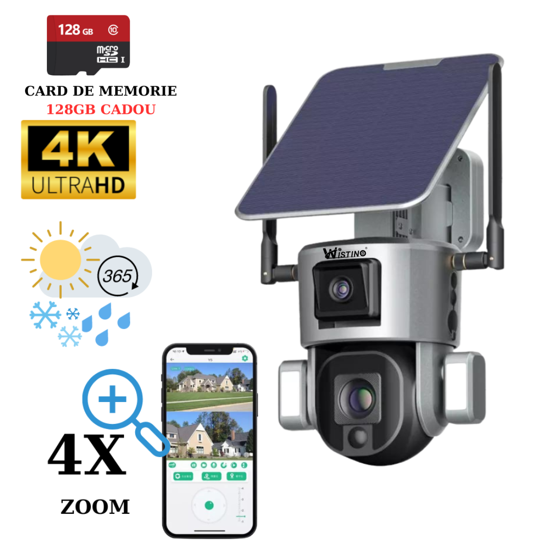 Camera Supraveghere Exterior Solara 4G 4K Ultra HD, Dual Camera 4MP+4MP, 4X Optical ZOOM, Rotire Din Aplicatie, Rezistenta La Apa IP 66