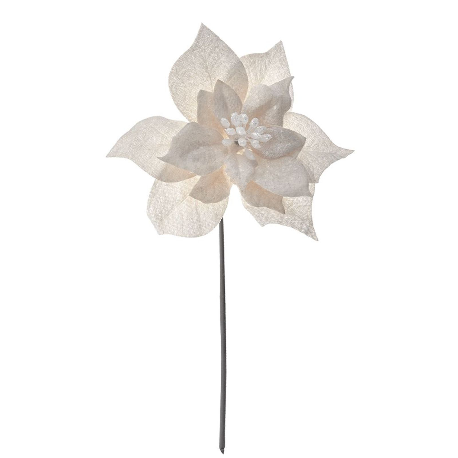 Decoratiune brad, Floare Craciunita White Glitter, 33 cm, textil, alb