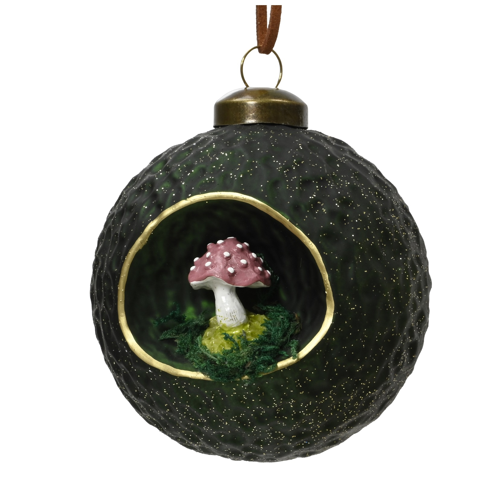 Glob brad Craciun model ciupercuta, 8 cm, sticla, verde