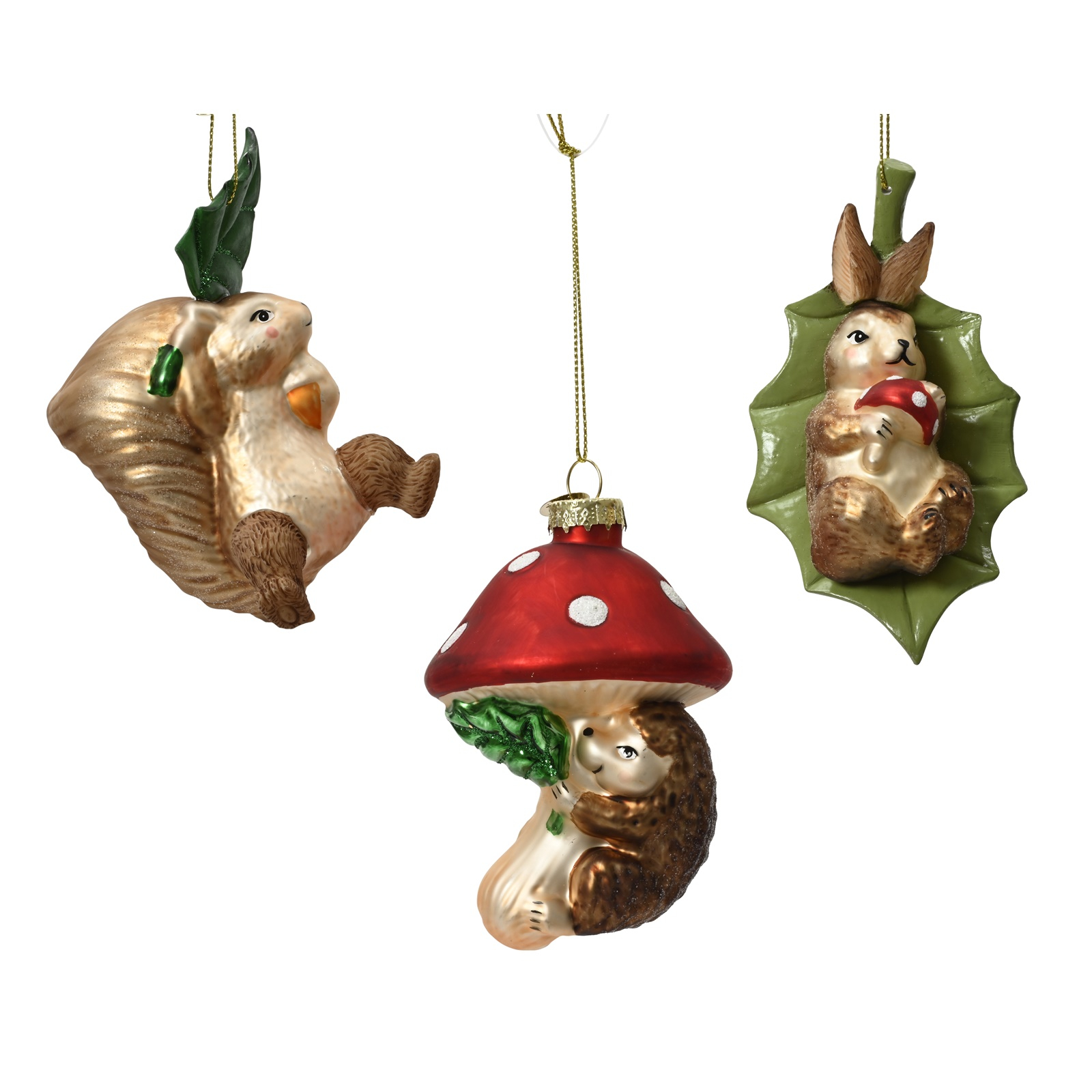Set 3 ornamente Craciun model ciuperca si animale, 11 cm, sticla, multicolor