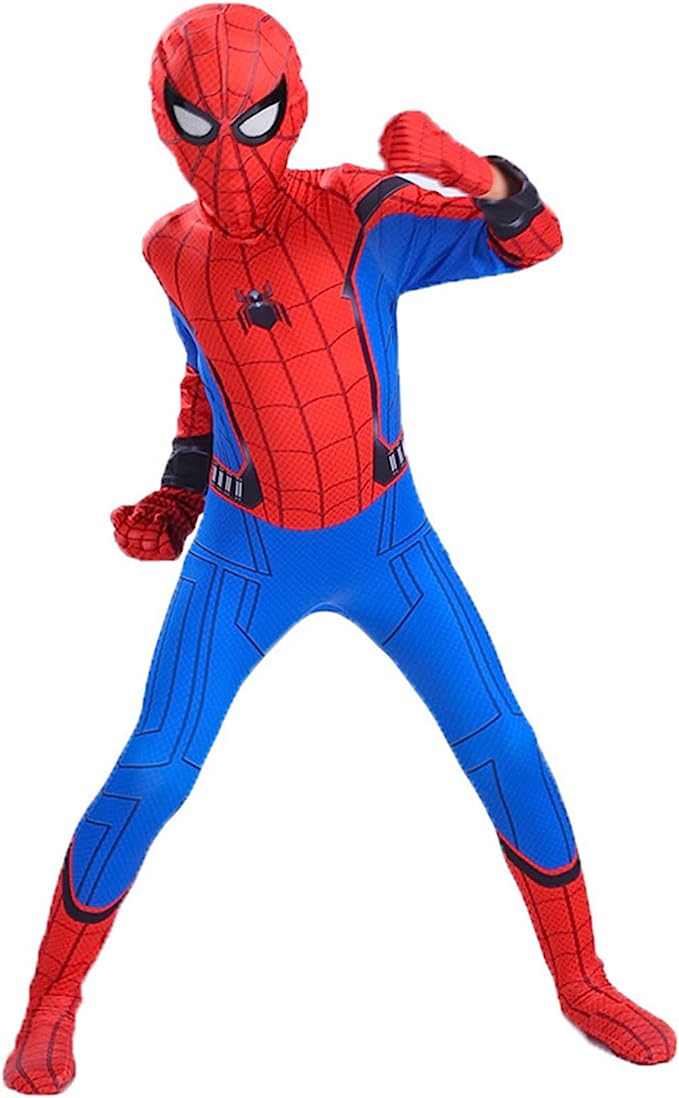 Costum Spiderman pentru copii, cu cagula si manusi, Supererou, Lycra, 5-6 ani, 130 cm, Albastru / Rosu