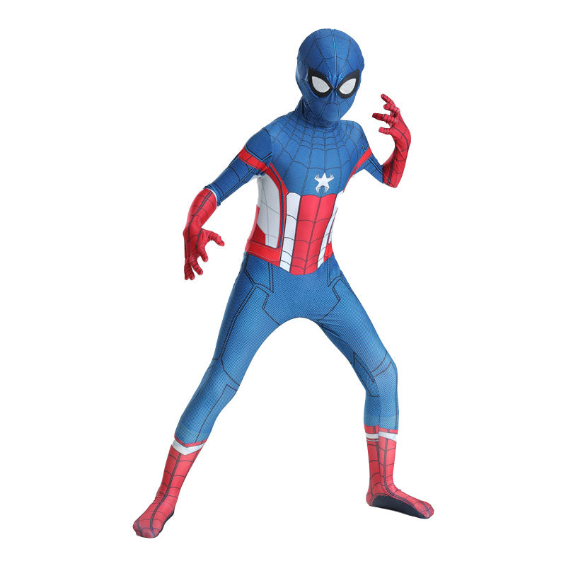 Costum pentru Copii, Spider-man devine Capitanul America, Set cu masca, Super-Erou, Lycra, 4-5 ani, 120, Albastru/ Rosu/ Alb