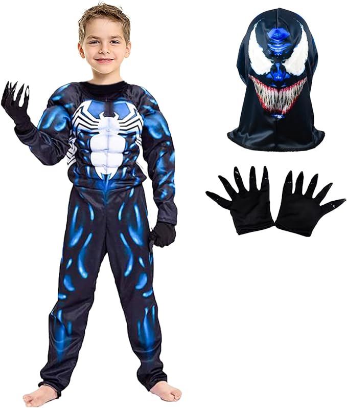 Costum Venom cu Muschi pentru copii, Set cu masca si manusi, Anti-erou, Lycra, 4-5 ani, 120, Albastru/ Alb