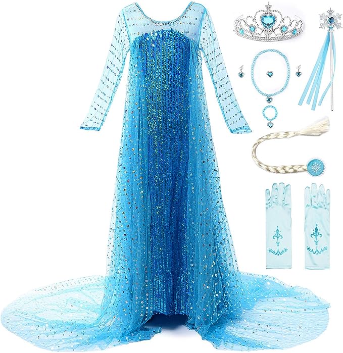 Rochie Elsa Frozen Stralucitoare pentru Copii, Set cu Coronita, coada impletita si accesorii, 4-5 ani, 120, Albastru