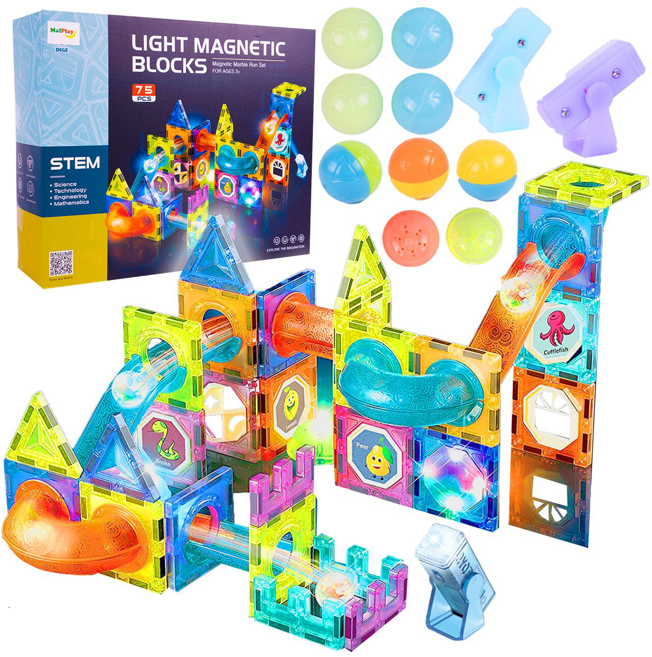 Set piese magnetice de construit, 75 elemente multicolore, MalPlay 110173