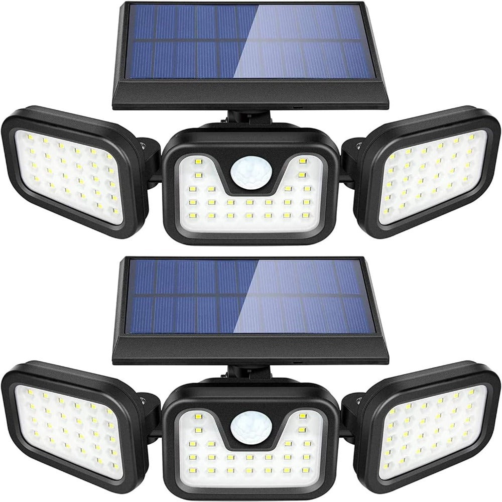 Set 2 Lampi Solare Triple cu Panou Solar Incorporat 74 LED SMD, Reglabila 360°, Iluminare 270°, cu Senzori de Amurg, Miscare si Lumina, Rezistenta la Apa IP65, 3 Moduri Functionare, Negru