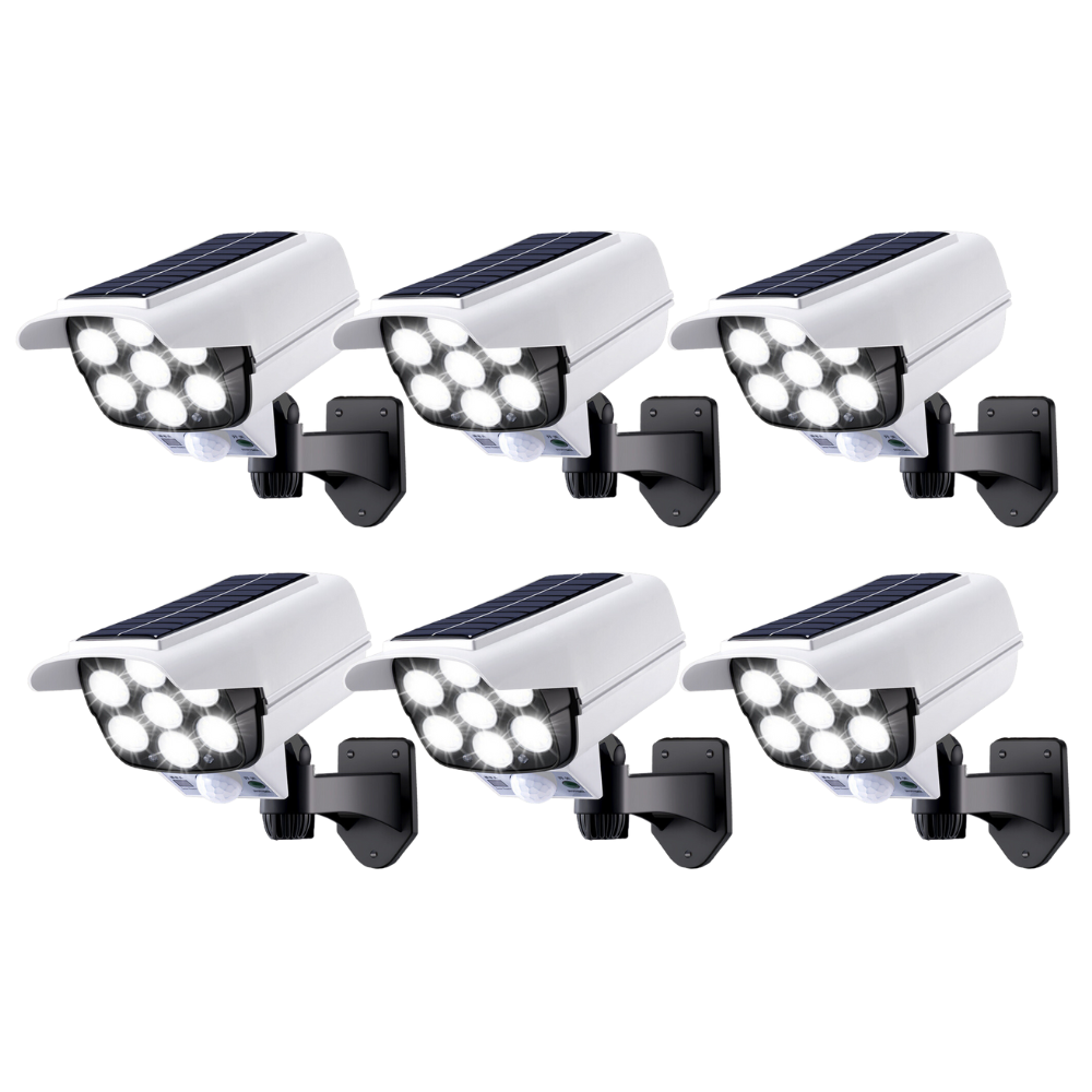 Set 6 Lampi Solare Tip Camera Falsa cu Panou Solar Incorporat 77 LED 7 SMD, Telecomanda, cu Senzori de Amurg, Miscare si Lumina, Rezistenta la Apa IP65, 3 Moduri Functionare, Alb