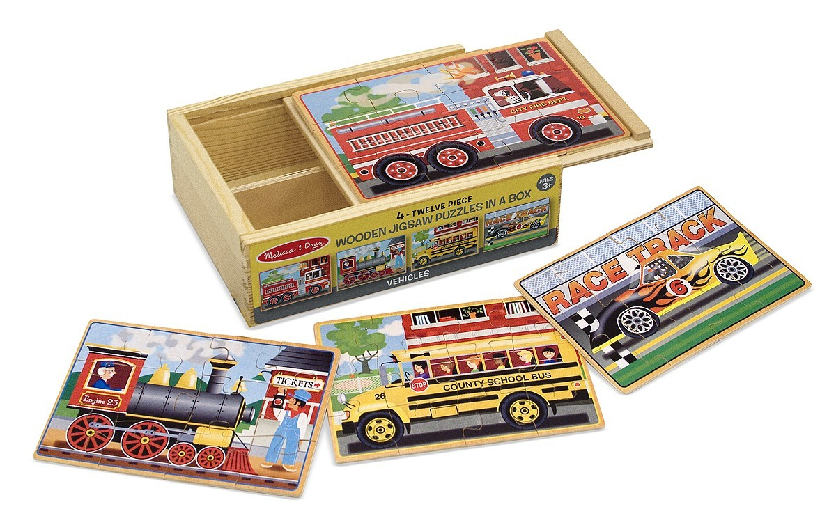 Set 4 puzzle lemn in cutie Vehicule