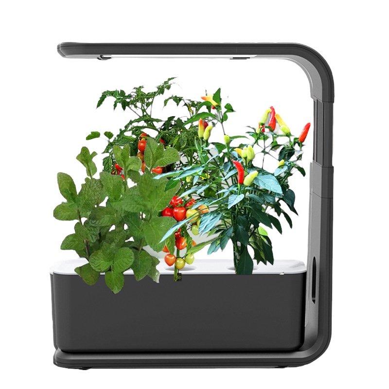 Ghiveci SMART, Mini Gradina cu sistem de cultivare hidroponic a 3 plante, lumini LED, inaltime ajustabila, pentru acasa, birou, balcon, Hrana pentru plante inclusa, Negru, EALMEU