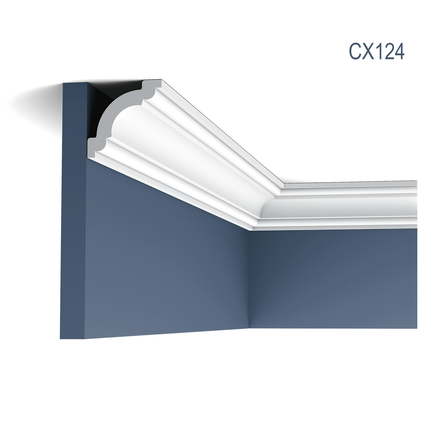 Cornisa CX124 pentru tavan, alba, vopsibila, rigida, calitate excelenta, Belgia, din Duropolimer, L 200 x H 4,9 x L 4,9 cm