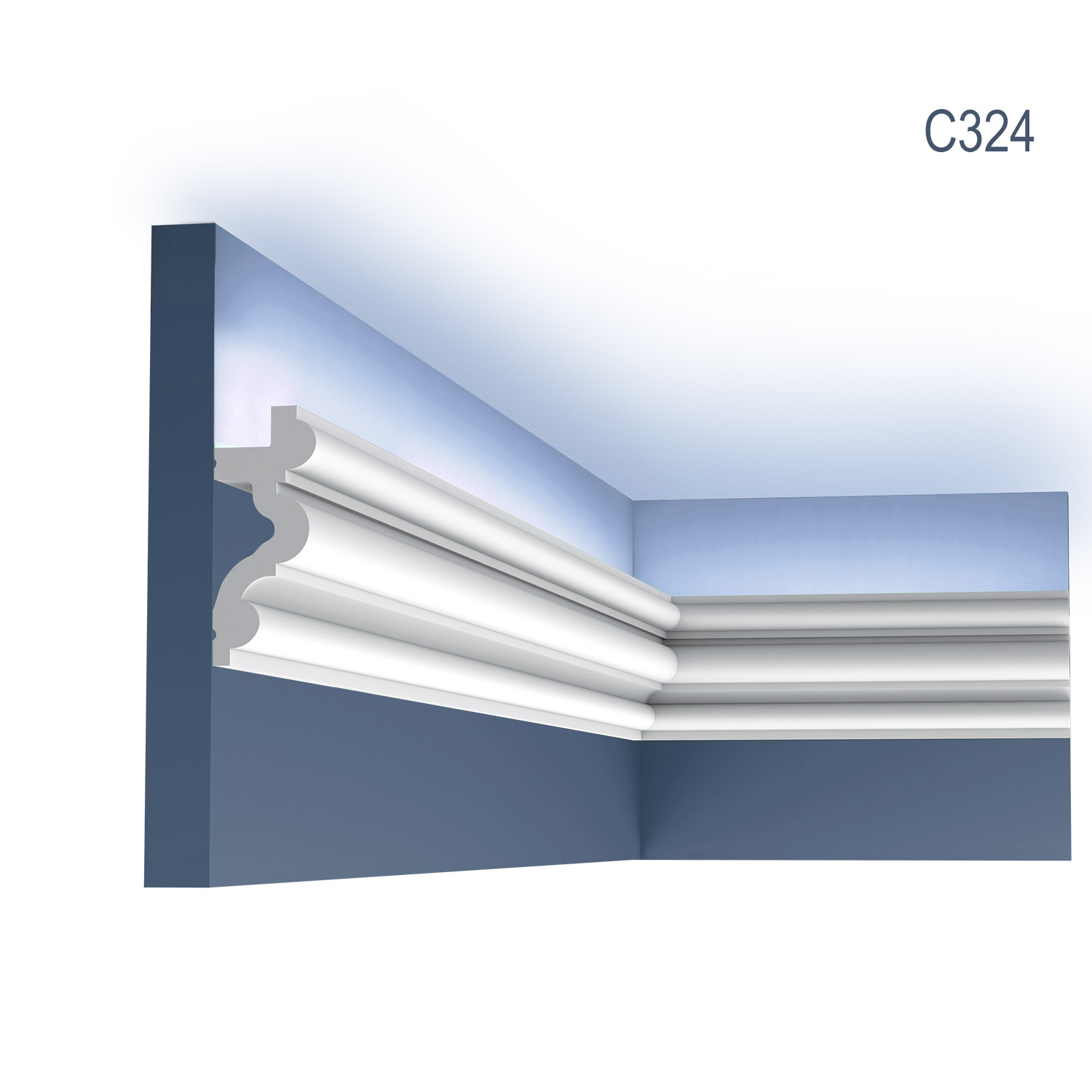 Cornisa C324 pentru tavan, alba, vopsibila, rigida, calitate excelenta, Belgia, din Poliuretan rigid, L 200 x H 8,3 x L 3,4 cm