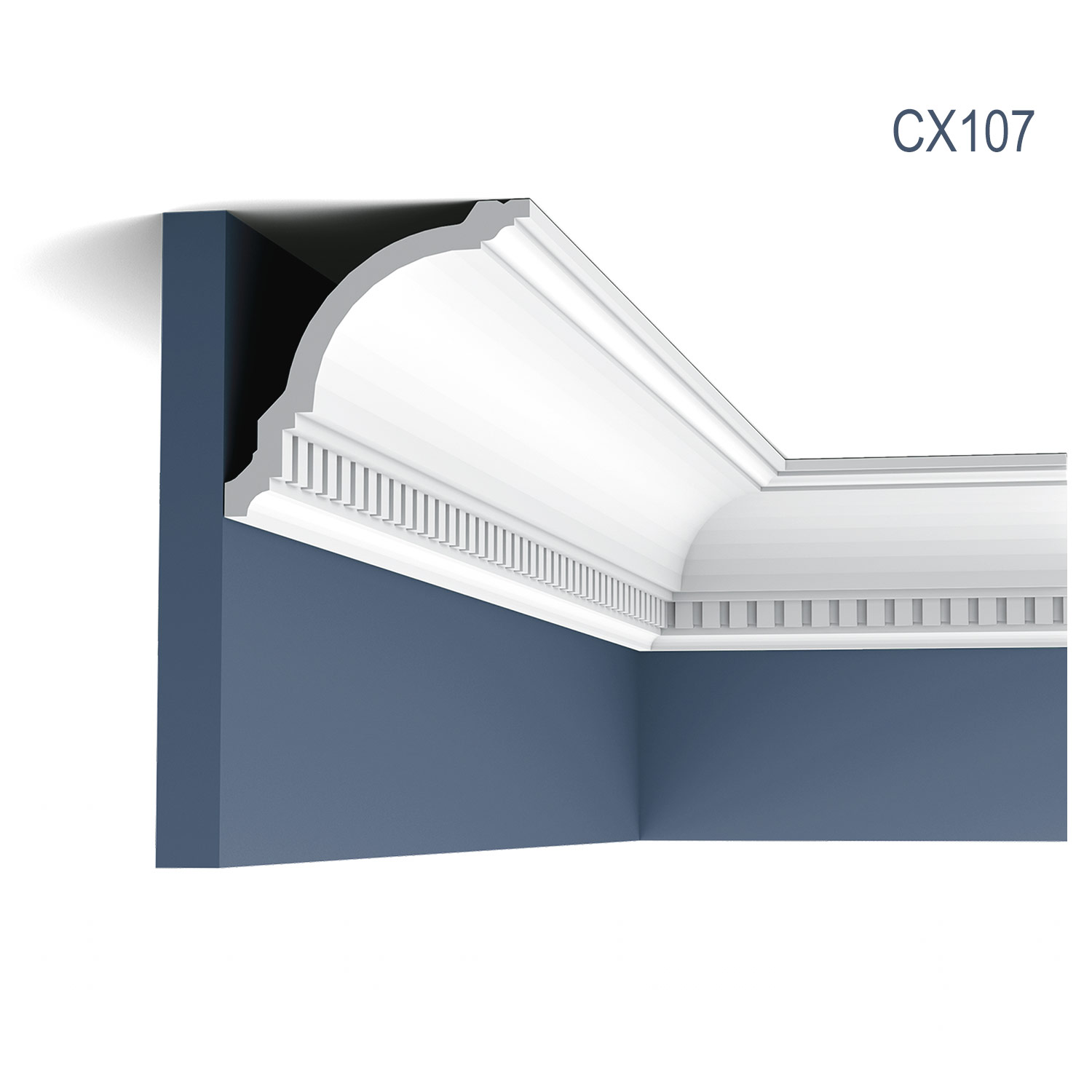 Cornisa CX107 pentru tavan, alba, vopsibila, rigida, calitate excelenta, Belgia, din Duropolimer, L 200 x H 11,7 x L 11,8 cm