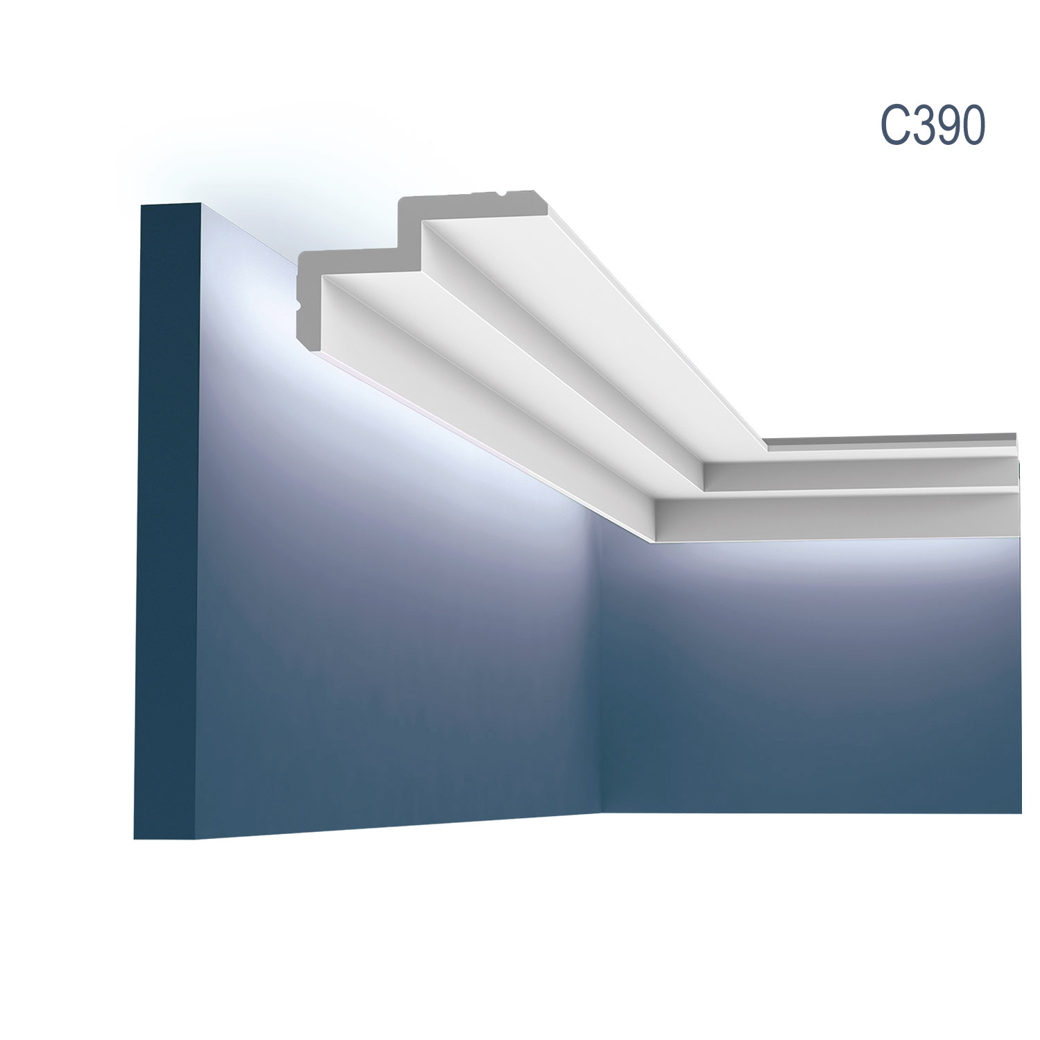 Cornisa C390 ILUMINAT LED LINEAR, profil pentru ascundere perdea, pentru tavan / perete, alba, vopsibila, rigida, calitate excelenta, Belgia, din Poliuretan rigid, L 200 x H 6 x W 10 cm