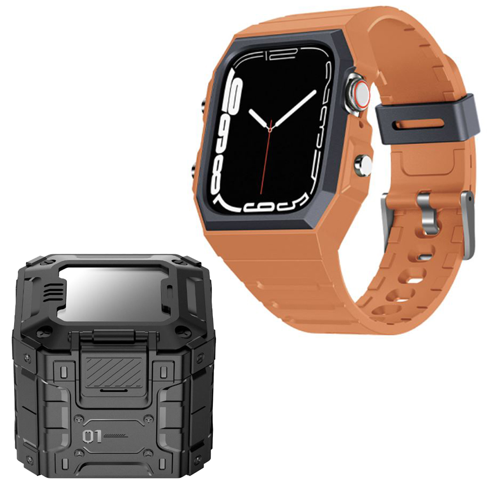 Set Carcasa + Curea ceas sport UIQ, compatibila cu Apple Watch 4/5/6/SE/SE 2/7/8/9, 44mm/45mm, Portocaliu - ES00737