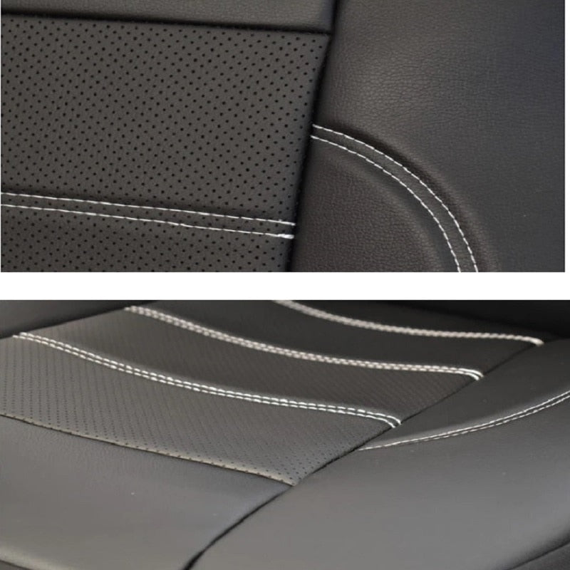 Set huse scaune auto din piele ecologica neteda si insertii piele perforata, Negru - Negru