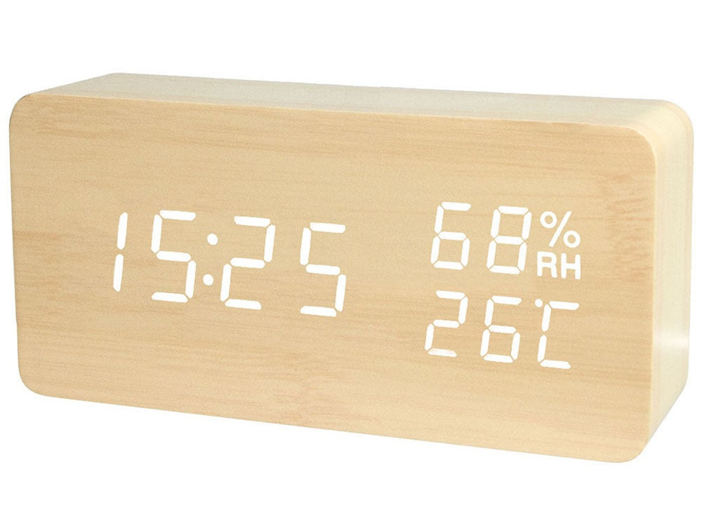 Ceas digital LED din lemn cu termometru si higrometru, Bej - 70 x 150 x 40 mm