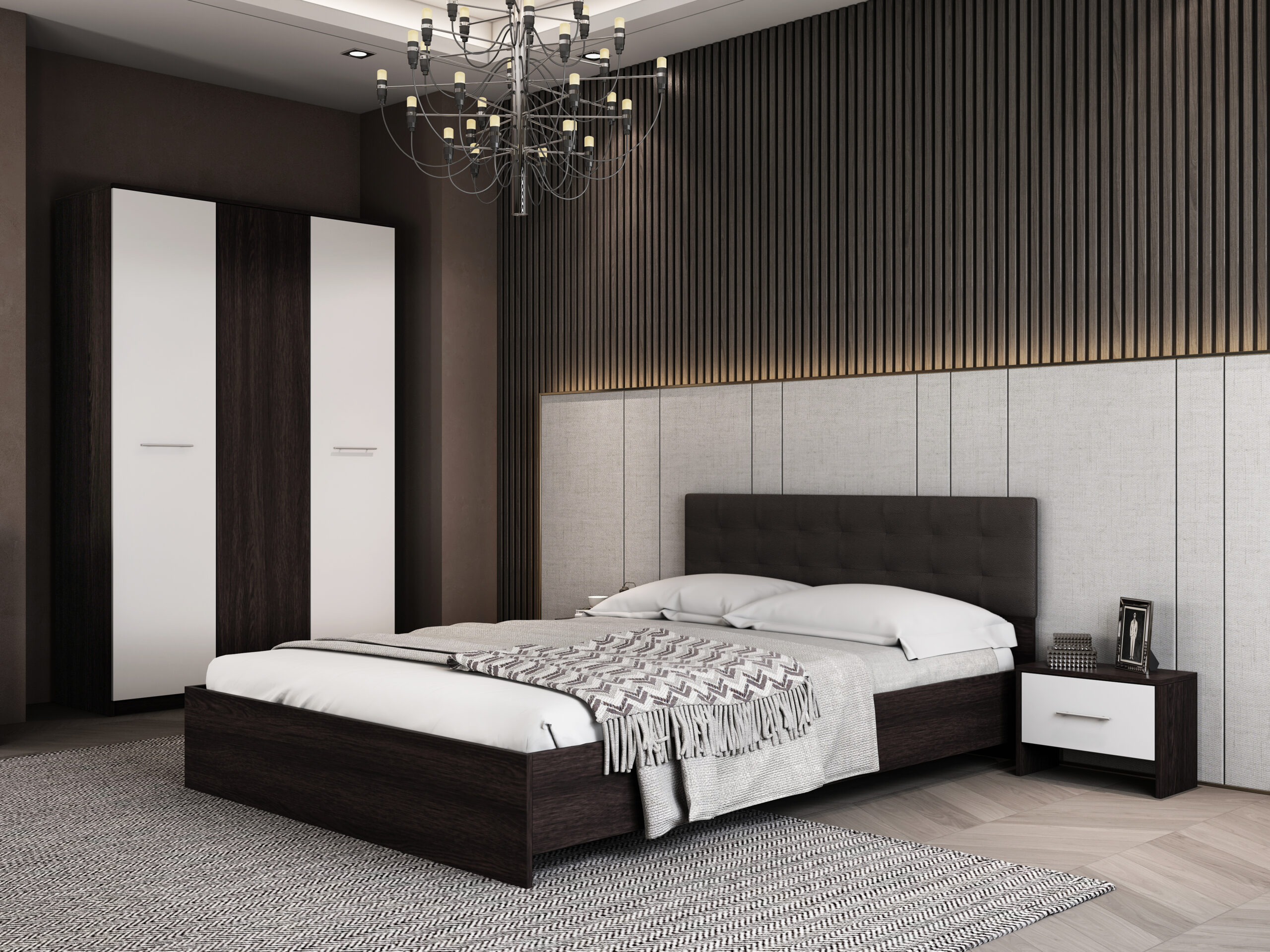 Dormitor Luiza 3U4PTM, culoare magia (wenge) / alb, cu pat tapiterie maro 140 x 200, dulap cu 3 usi 123 cm si 2 noptiere