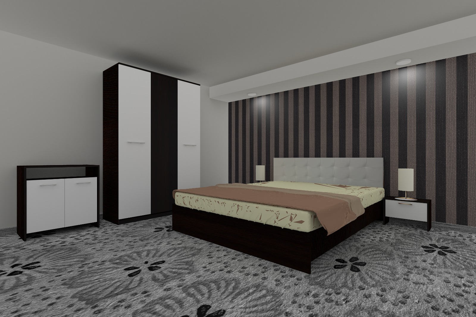 Dormitor Luiza 3U5PTA, culoare magia (wenge) / alb, cu pat tapiterie alba 140 x 200, dulap cu 3 usi 123 cm, comoda si 2 noptiere