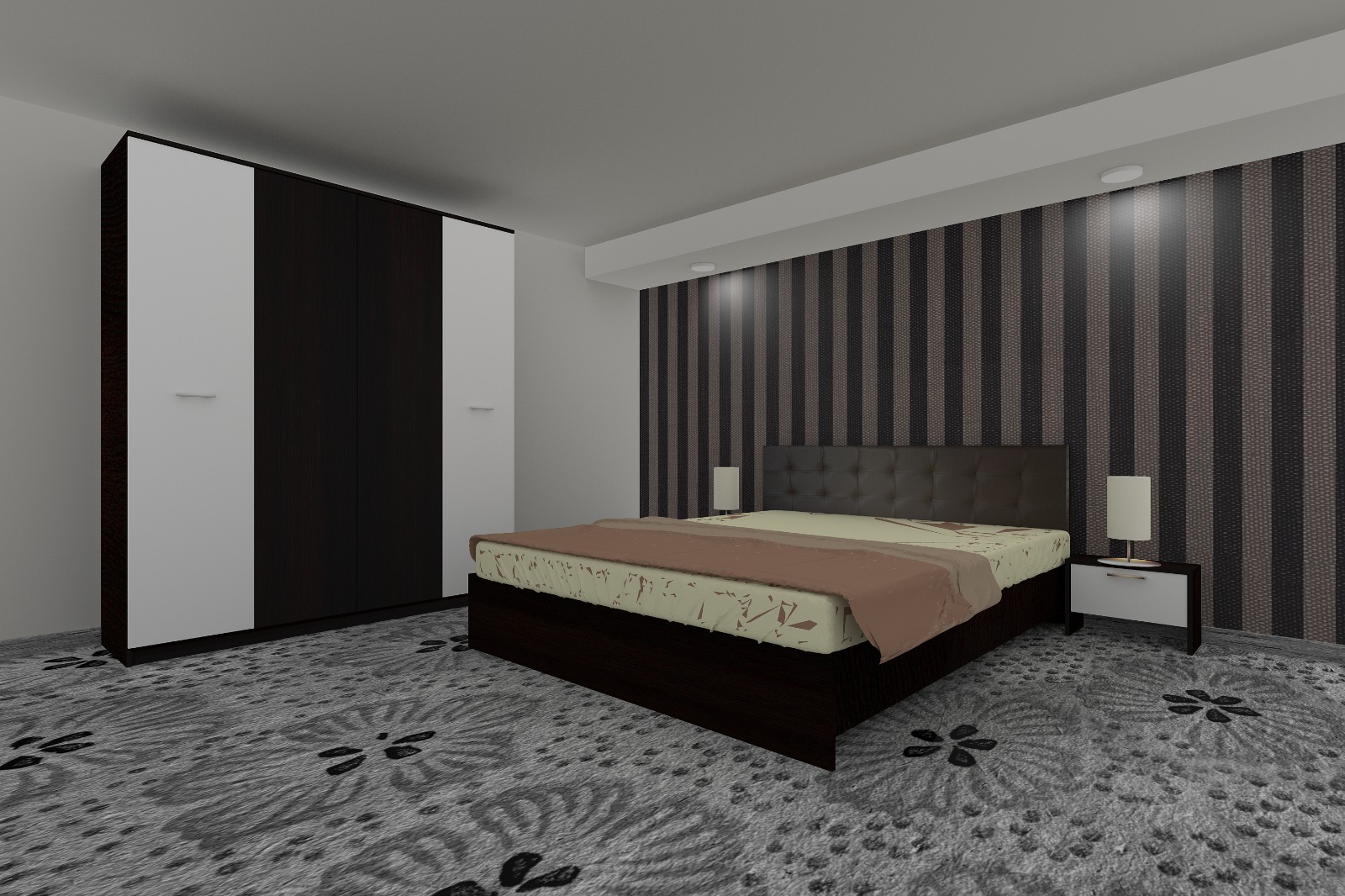 Dormitor Luiza 4U4PTM, culoare magia (wenge) / alb, cu pat tapiterie maro 140 x 200, dulap cu 4 usi 164 cm si 2 noptiere