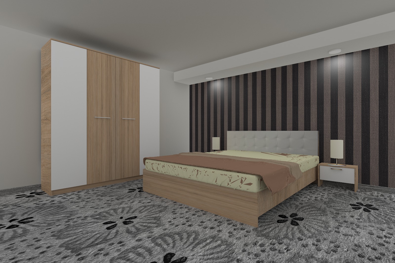 Dormitor Luiza 4U4PTA, culoare sonoma / alb, cu pat tapiterie alba 140 x 200, dulap cu 4 usi 164 cm si 2 noptiere