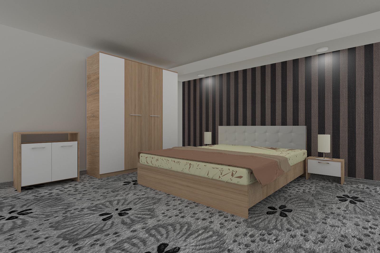 Dormitor Luiza 4U5PTA, culoare sonoma / alb, cu pat tapiterie alba 160 x 200, dulap cu 4 usi 164 cm, comoda si 2 noptiere