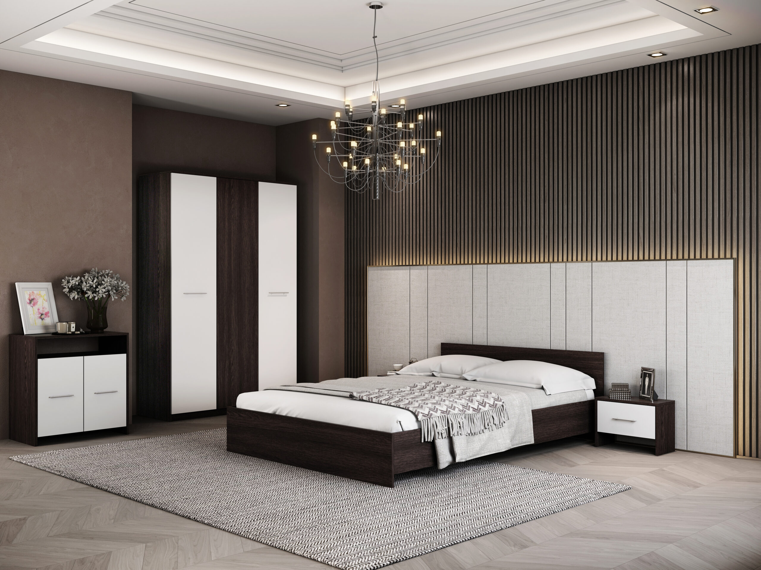 Dormitor Luiza 3U5P, culoare magia (wenge) / alb, cu pat standard 160 x 200 cm, dulap cu 3 usi, comoda si 2 noptiere