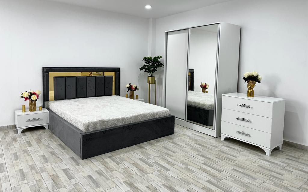 Dormitor complet Napoli, culoare gri / alb, cu pat Napoli 160 x 200 cm, dressing Erika 150 cm, 2 noptiere si comoda Viena